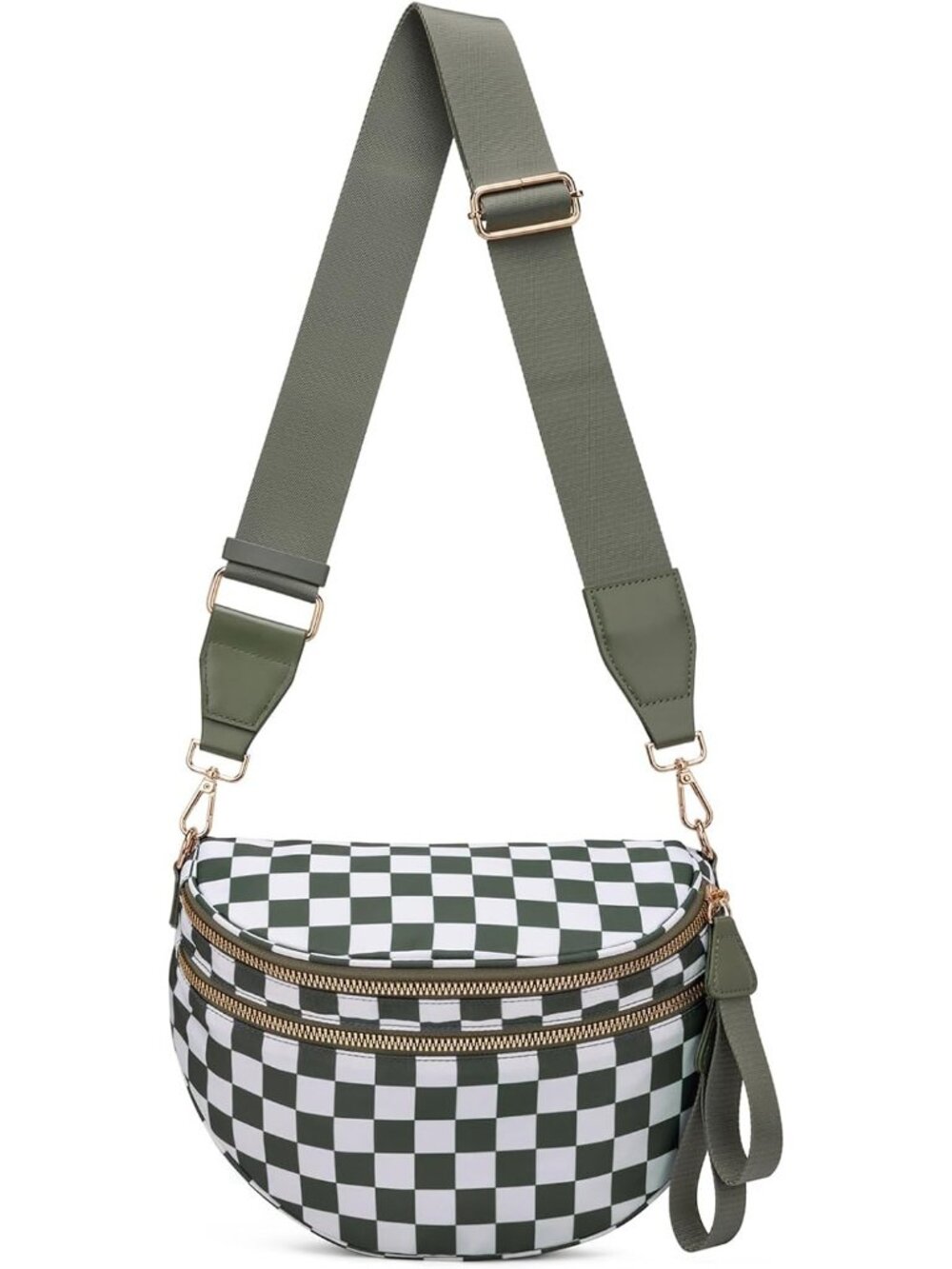 Women's Beans Green Color Checkered Nylon Fanny Pack Travel Crossbody Bag